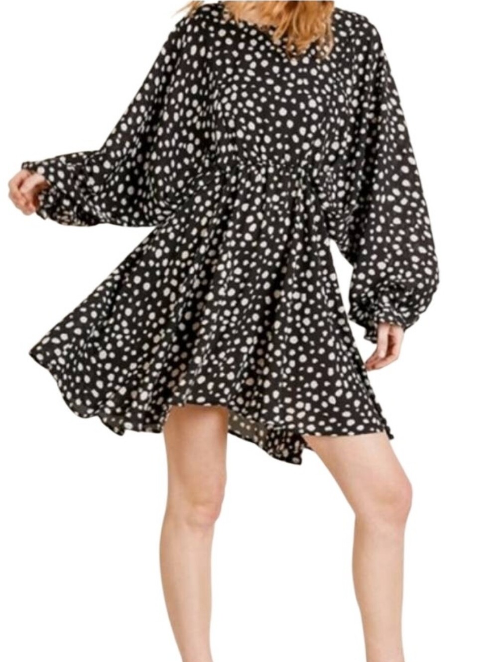 Umgee Center of Attention Puff Sleeve Boho Dalmatian Print Black and White Dress